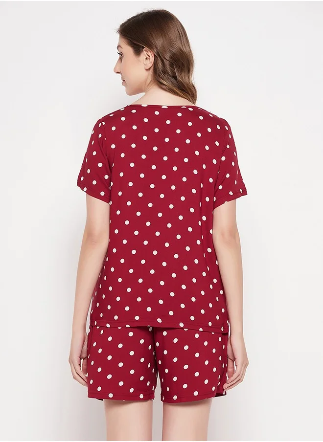 Clovia Clovia Polka Dot Print Top & Shorts in Maroon - Rayon