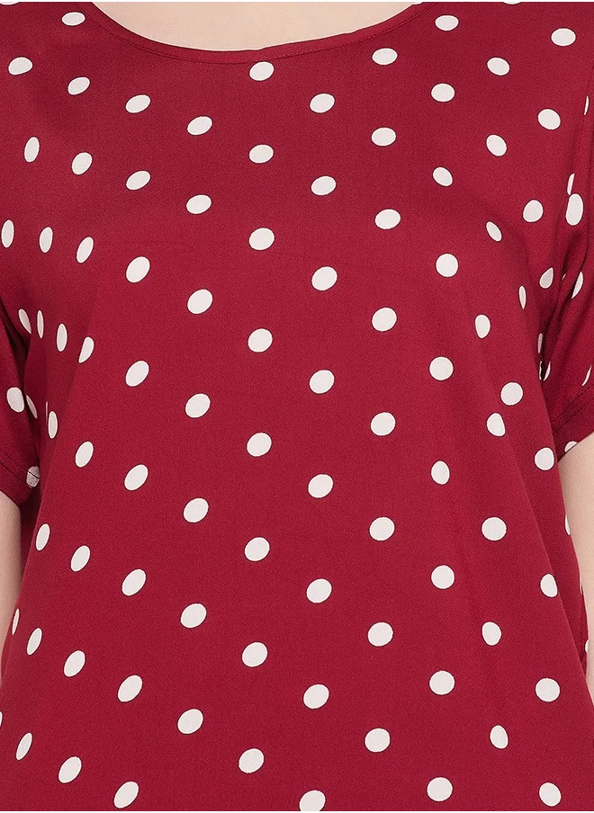 Clovia Clovia Polka Dot Print Top & Shorts in Maroon - Rayon