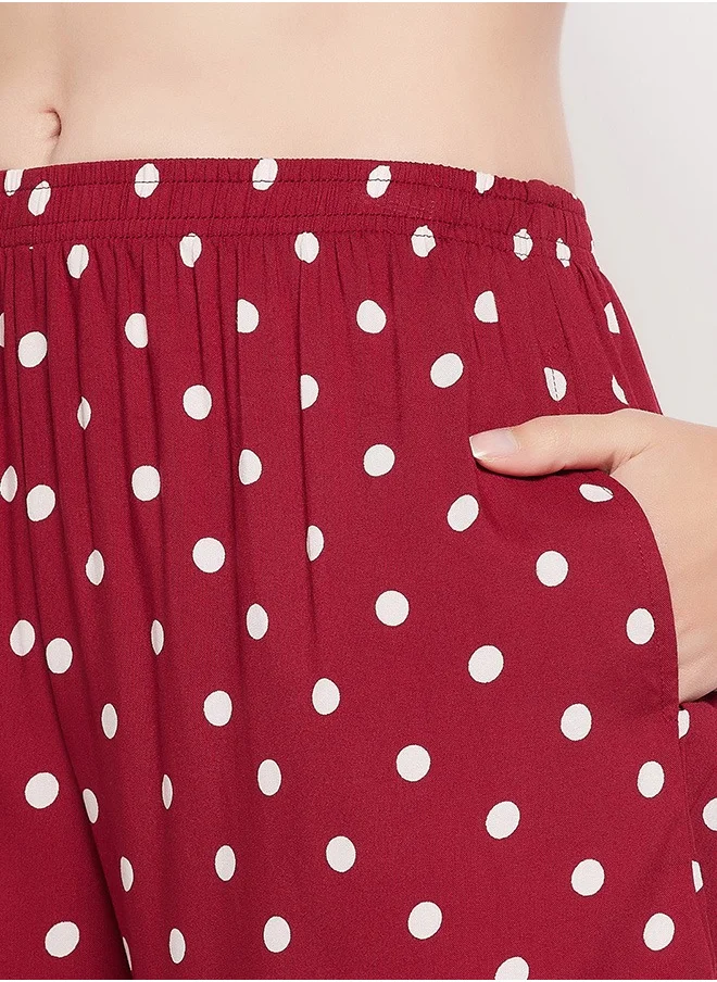 Clovia Clovia Polka Dot Print Top & Shorts in Maroon - Rayon