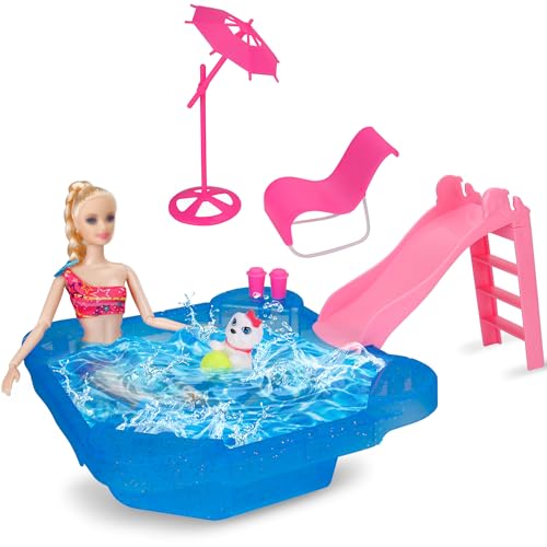 BETTINA Pool Playset - Glam Pool with Slide, Doll Pool Accessories Includes Beach Chair, Beach Umbrella, Dog, Swimming Pool Set for 12 Inch Dolls, Bath Toys for Dolls - Image 1
