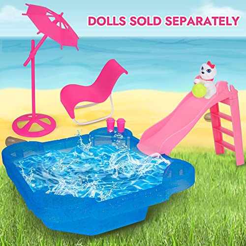 BETTINA Pool Playset - Glam Pool with Slide, Doll Pool Accessories Includes Beach Chair, Beach Umbrella, Dog, Swimming Pool Set for 12 Inch Dolls, Bath Toys for Dolls - Image 2