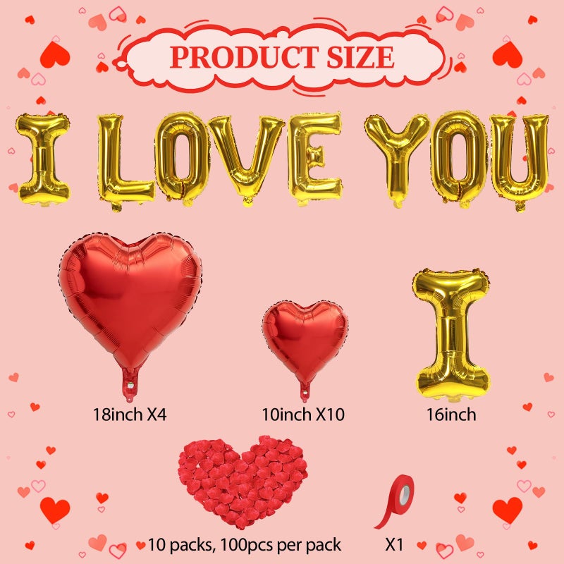 Froova I Love You Balloons Valentines Day Decorations Red Heart Love Foil Mylar Balloon 1000 Pcs Rose Petals for Wedding Anniversary Engagement Valentine Day Romantic Decorations Special Night Party - Image 2