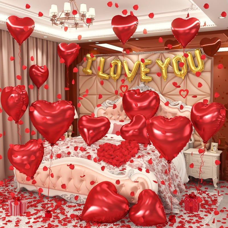 Froova I Love You Balloons Valentines Day Decorations Red Heart Love Foil Mylar Balloon 1000 Pcs Rose Petals for Wedding Anniversary Engagement Valentine Day Romantic Decorations Special Night Party - Image 1