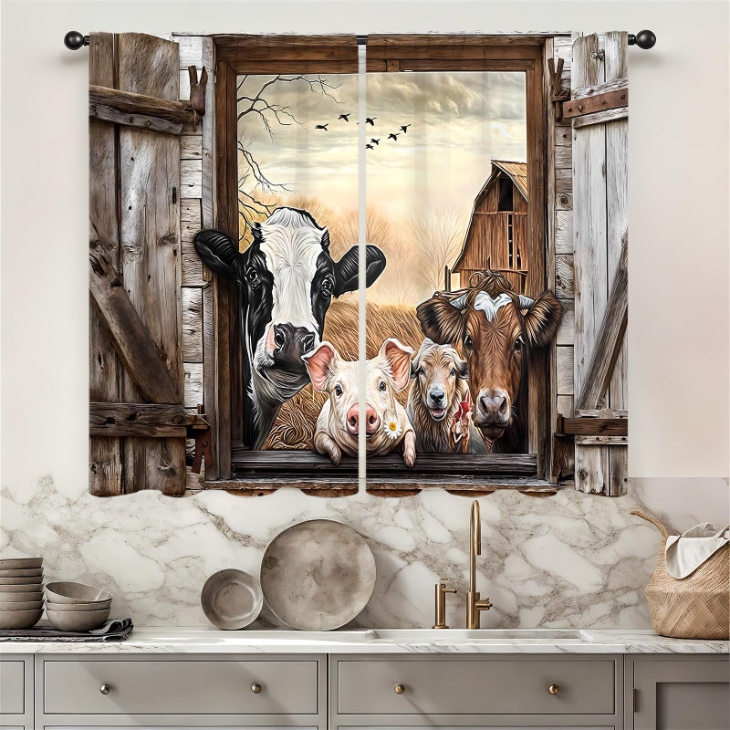 Famiffty Farmhouse Cow Kitchen Curtain 275W X 39L Inch 2 Panel Rod Pocket Country Farm Animal Barn Door Rustic Vintage Cattle Brown Small Short Cafe Tier Landscape Pig Sheep Window Drape Bath Decor - Image 2