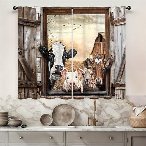 Famiffty Farmhouse Cow Kitchen Curtain 275W X 39L Inch 2 Panel Rod Pocket Country Farm Animal Barn Door Rustic Vintage Cattle Brown Small Short Cafe Tier Landscape Pig Sheep Window Drape Bath Decor - Image 1