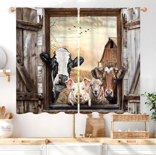 Famiffty Farmhouse Cow Kitchen Curtain 275W X 39L Inch 2 Panel Rod Pocket Country Farm Animal Barn Door Rustic Vintage Cattle Brown Small Short Cafe Tier Landscape Pig Sheep Window Drape Bath Decor - Image 3