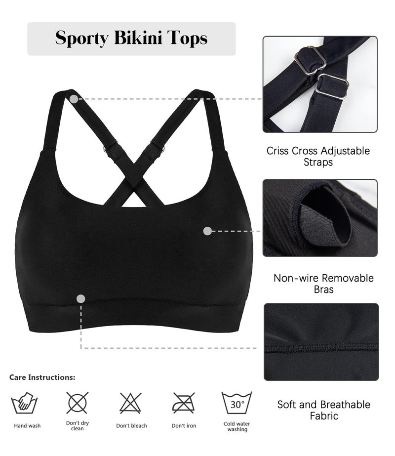 Balasami Womenâ€™s Supportive Scoop Neck Sporty Swimsuit Cross Spaghetti Strap Bathing Suit Bikini Top Black - Image 5