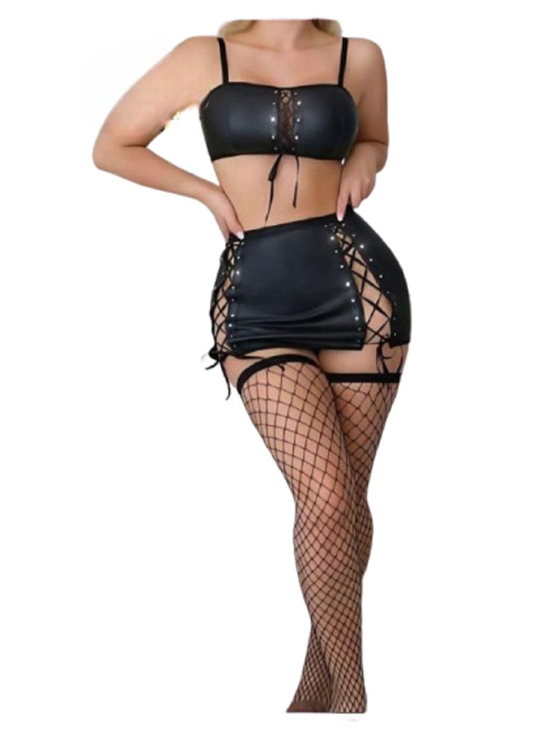 Ward - Women's Lingerie Set in Black Leather Featuring a Short Top with Straps a Short Skirt and Stockings - Image 1