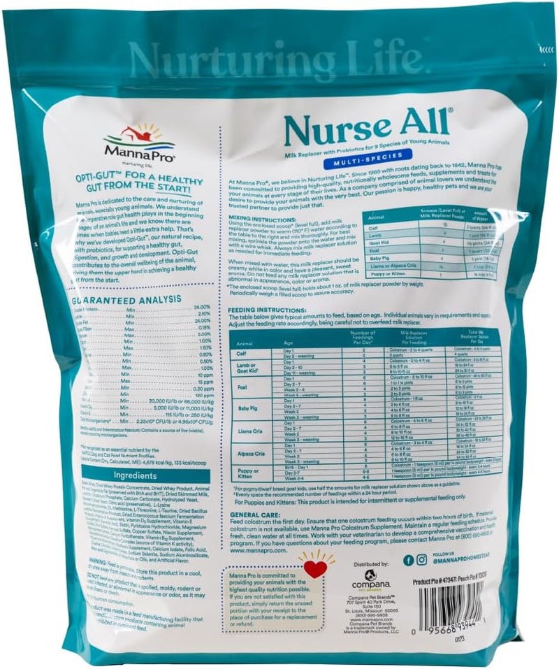 Manna Pro Nurse All Multi Species Milk Replacer with Probiotics for Young Animals - 8 lbs - Image 2