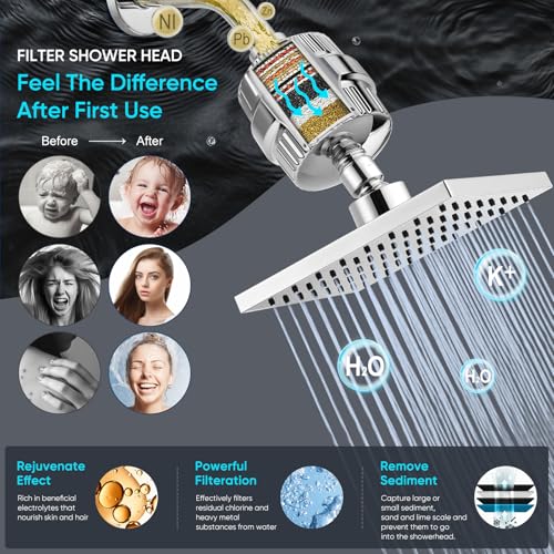 Cobbe High Pressure Filtered Shower Head Combo, Rain Shower Head with 20 Stage Shower Head Filter for Hard Water - Adjustable Replacement Remove Chlorine and Harmful Substances, Chrome - Image 2