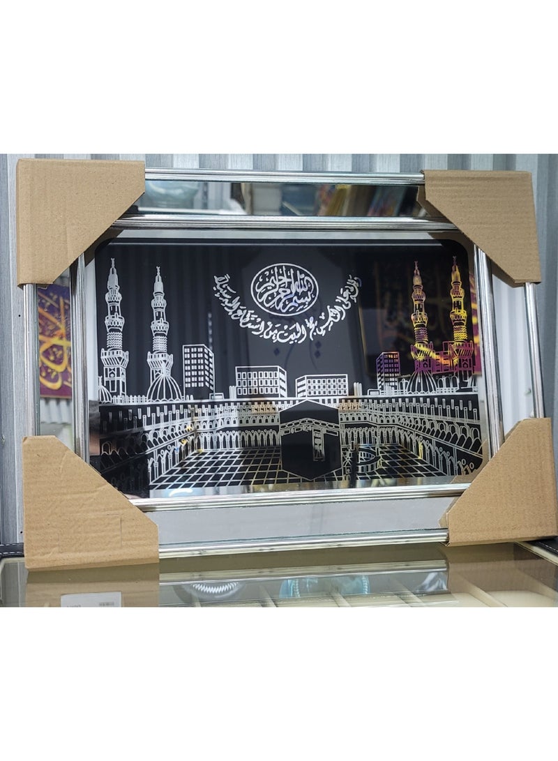 إطار ديكور هيلز الفني الإسلامي الجداري - رسم توضيحي للكعبة المشرفة في مكة المكرمة بإطار فضي، عمل فني مقدس للمنزل والمكتب وغرفة الصلاة، وهدية مثالية للعيد، ديكور جداري ديني جميل للعائلات المسلمة