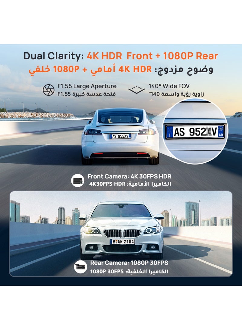 70mai A800SE 4K Dash Cam Front and Rear, HDR Night Vision, Supercapacitor, 64GB SD Card Included, F1.55 Aperture, GPS& ADAS, 3" IPS, Loop Recording, Emergency Pre-Record, Optional 24H Parking Mode - Image 2