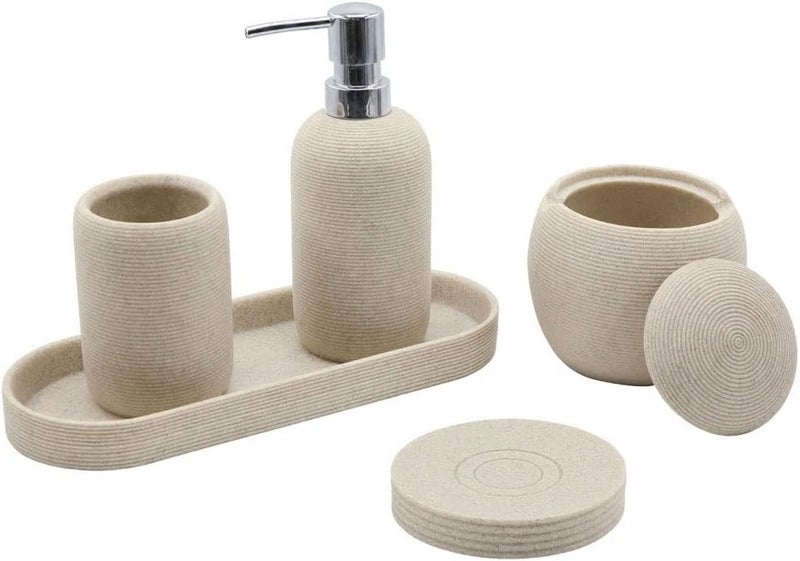 Aksipo Beige Resin Bathroom Accessory Set, 5 Pcs Bathroom Accessories Set with Lotion Dispenser,Soap Dish,Toothbrush Holder,Vanity Tray,Qtip Holder Dispenser, Modern Bathroom Decor and Housewarming Gift Set - Image 1