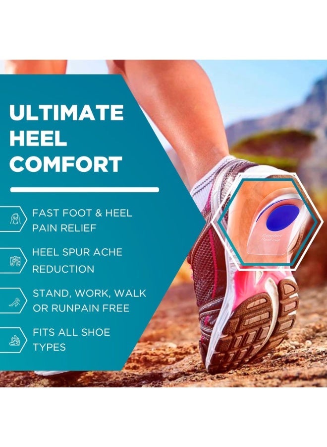Ultimate Gel Heel Cups for Achilles Tendonitis, Plantar Fasciitis, Heel Spurs, Bone Spurs, Heel Pain Relief, Foot Cushion Inserts for Men & Women, Shock Absorption, Arch Support, Comfortable Shoe Inserts for Running, Walking, Sports, Work, All-Day Standing, Athletic Shoes, Boots, Dress Shoes – 2 Pack Silicone Gel Pads for Foot, Ankle, Leg, and Back Pain Relief - Image 4