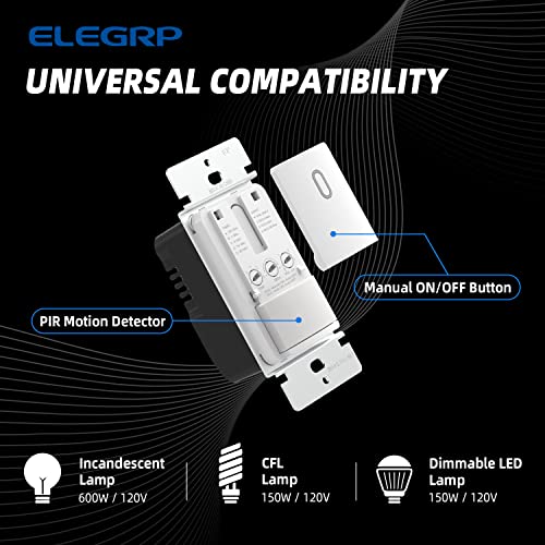 ELEGRP Single Pole Occupancy Motion Sensor Light Switch, PIR Infrared Motion Activated Switch, Need Grounding Wire, No Neutral Wire, for CFL/LED/Incandescent, with Plate, UL(2 Pack, Matte White) - Image 2