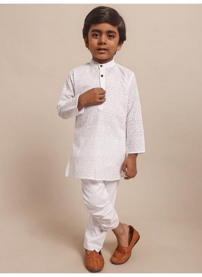 Superminis - superminis Baby Boys Ethnic Wear Colored Cotton Chikankari Kurta, Round Collar, Full Sleeves With White Pyjama, Kurta Set (White, 2-3 Years) - Image 1