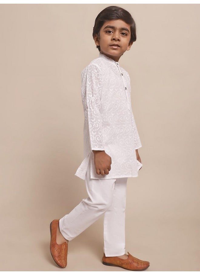 Superminis - superminis Baby Boys Ethnic Wear Colored Cotton Chikankari Kurta, Round Collar, Full Sleeves With White Pyjama, Kurta Set (White, 2-3 Years) - Image 1