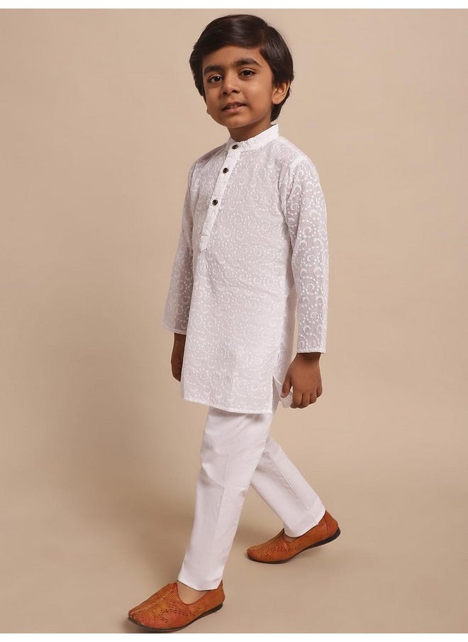 Superminis - superminis Baby Boys Ethnic Wear Colored Cotton Chikankari Kurta, Round Collar, Full Sleeves With White Pyjama, Kurta Set (White, 2-3 Years) - Image 1