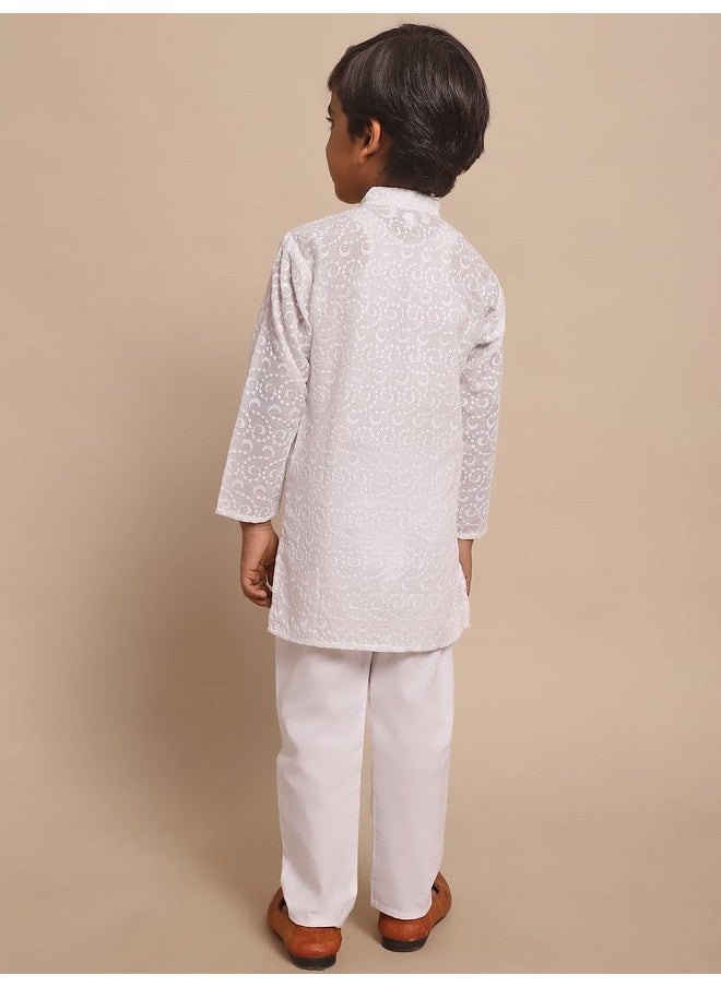 Superminis - superminis Baby Boys Ethnic Wear Colored Cotton Chikankari Kurta, Round Collar, Full Sleeves With White Pyjama, Kurta Set (White, 2-3 Years) - Image 1
