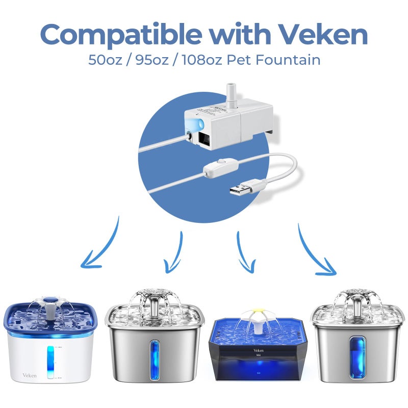 Veken Replacement Pump for 50oz, 95oz and 108oz Pet Fountain Cat Water Fountain Dog Water Dispenser Ultra Quiet Long Lifespan Water Pump, USB Cable, LED Lights - Image 2