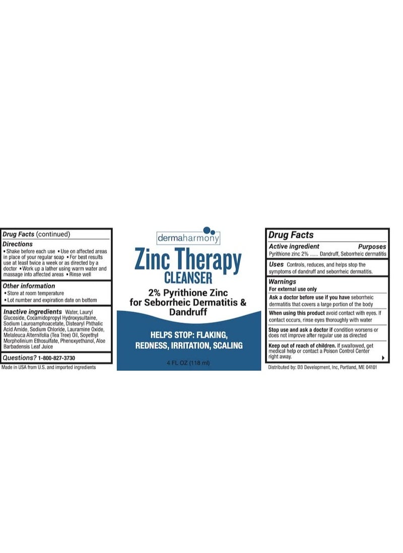 Dermaharmony 2% Pyrithione Zinc (ZnP) Liquid Cleanser (non-soap) Wash (4 Fl Oz Bottle)  - Image 2