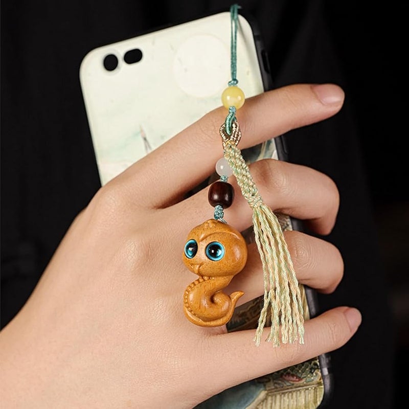 Handmade Sandalwood Snake Pendant Keychain For 2025 Chinese Zodiac Year Of The Snake Blue Car Keyring - Image 5