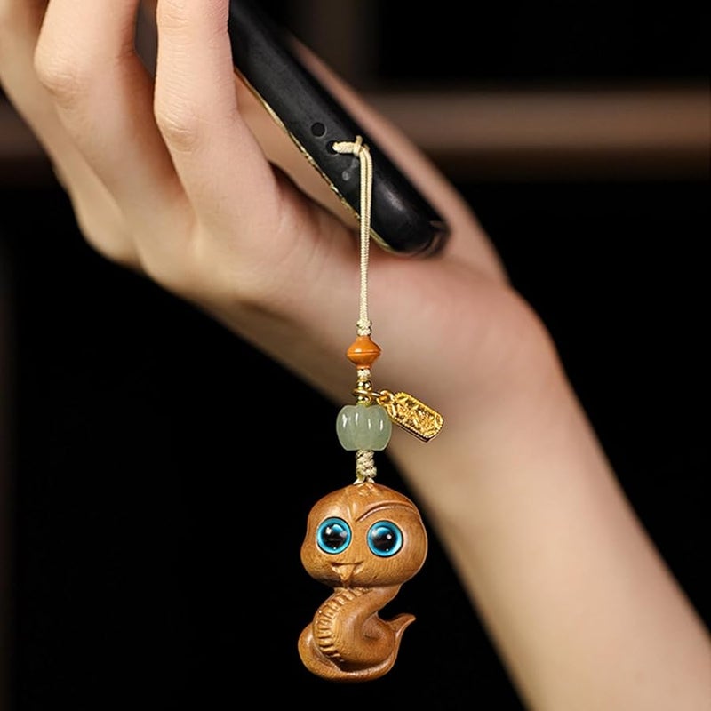 Handmade Sandalwood Snake Pendant Keychain For 2025 Chinese Zodiac Year Of The Snake Blue Car Keyring - Image 4