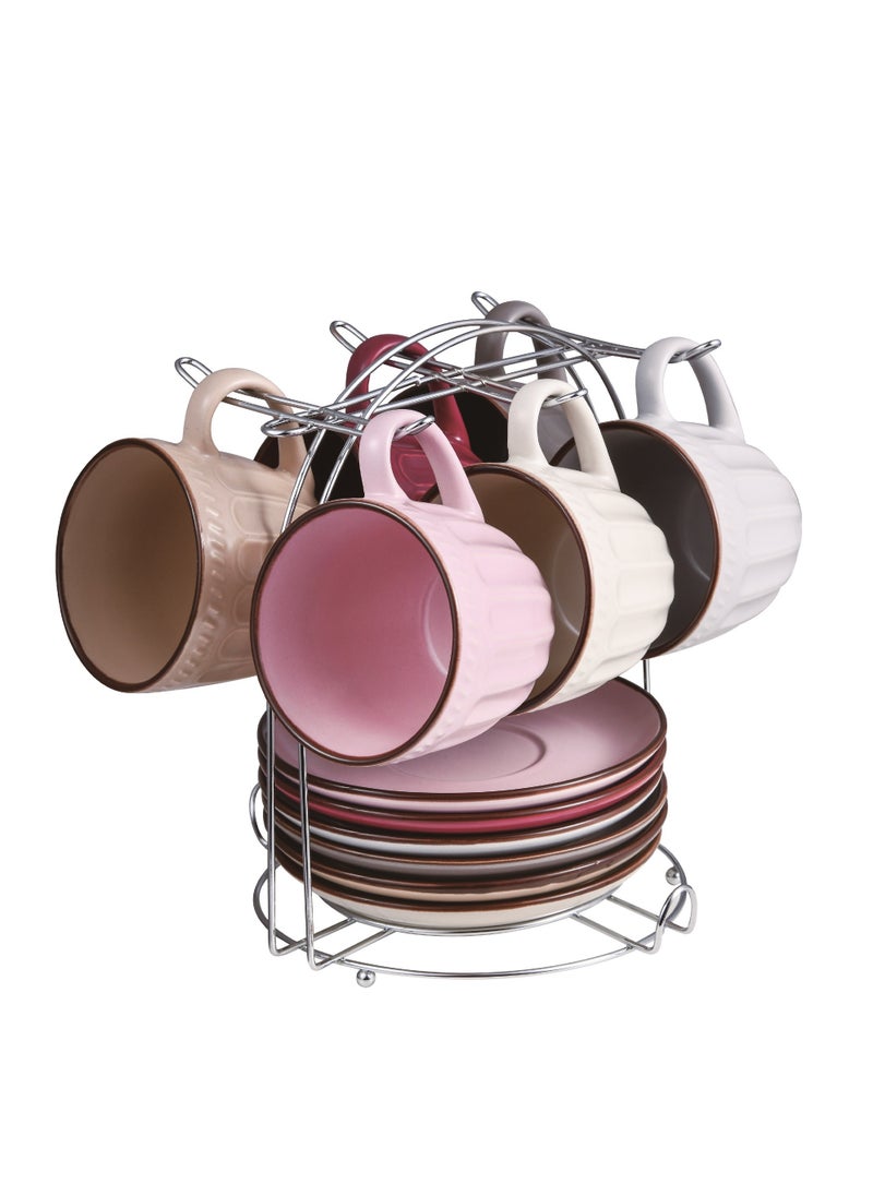 MILLERHAUS Millerhaus 13Pc Tea Set Stoneware Set Include 6Pc Tea Cup 220ML 6Pc Saucer 1Pc Chrome Stand Multicolor  - Image 1
