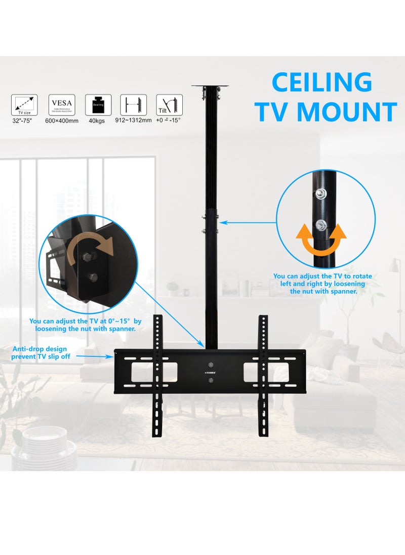 TV Ceiling Mount Bracket Swiveling Tilting for 32-75Inch LED, LCD and flats panels, Black
