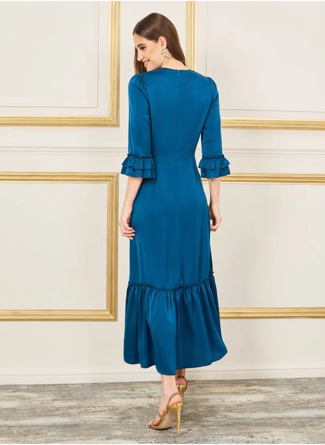 Styli Satin Frill Detail A-line Maxi Dress