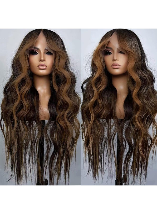 Seykiki Synthetic Lace Front Wigs for Black Women Highlight Brown Mix Black Natural Wavy Glueless Wig Ready to Wear 13x4x1 HD Lace Pre Plucked Middle Part Wig 26 Inch - Image 2