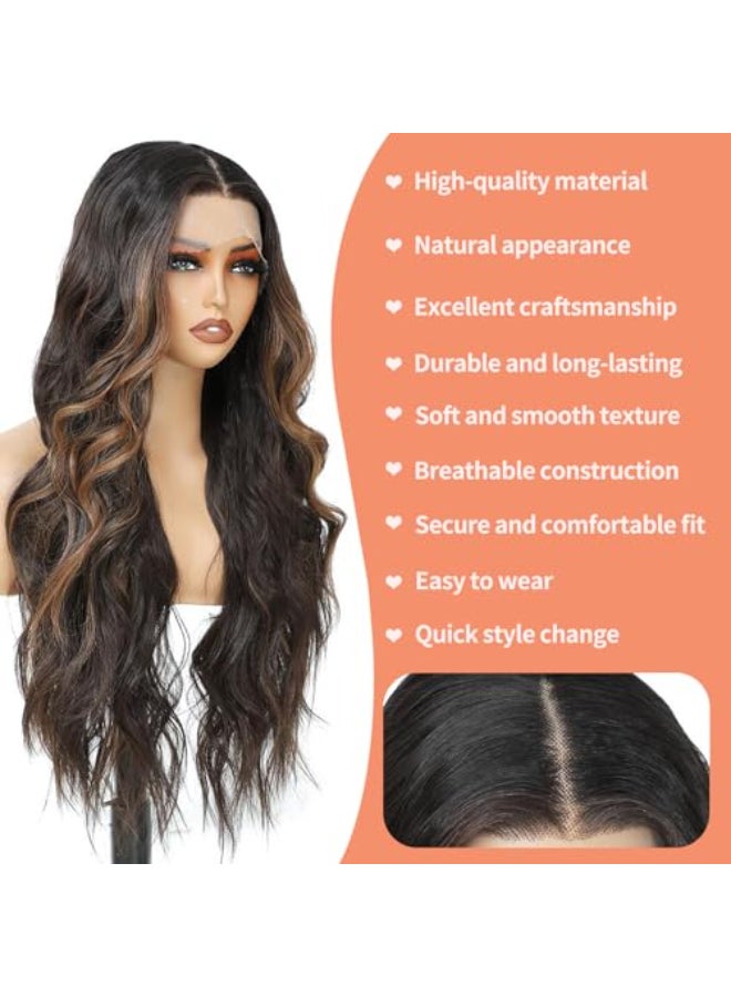 Seykiki Synthetic Lace Front Wigs for Black Women Highlight Brown Mix Black Natural Wavy Glueless Wig Ready to Wear 13x4x1 HD Lace Pre Plucked Middle Part Wig 26 Inch - Image 3