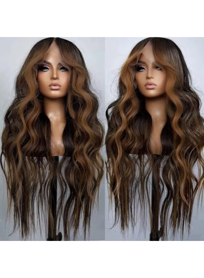 Seykiki Synthetic Lace Front Wigs for Black Women Highlight Brown Mix Black Natural Wavy Glueless Wig Ready to Wear 13x4x1 HD Lace Pre Plucked Middle Part Wig 26 Inch - Image 1