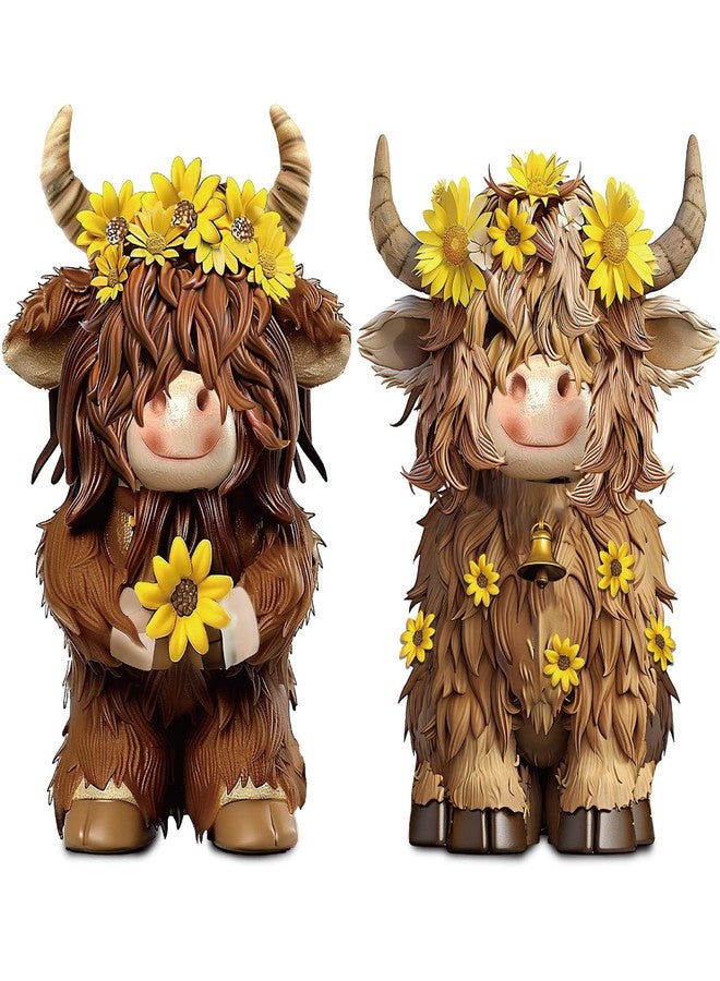Burbell 2 Pack Highland Cow Brown Scottish Highland Cow Gnomes with Sunflower Resin Figurine Calf Gnome Herd Gnome Gifts for Farmhouse Table Home Garden Decorations - Image 1