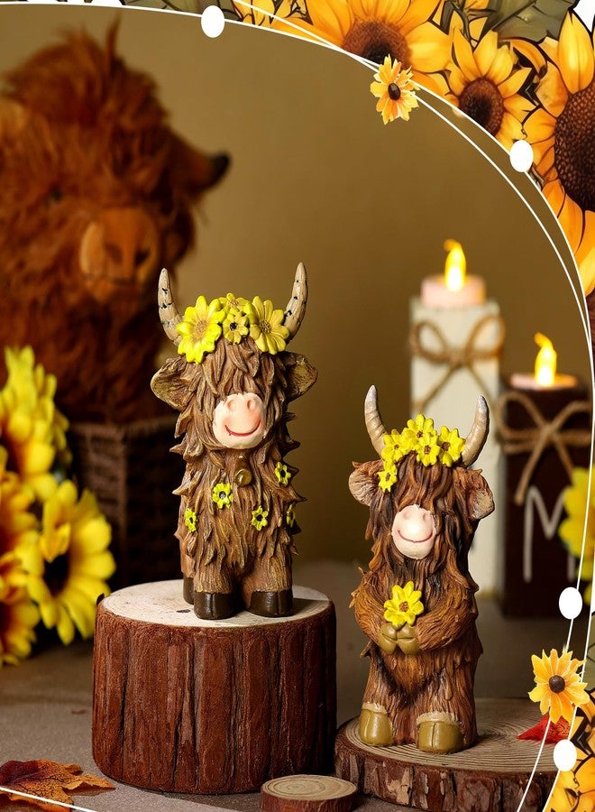 Burbell 2 Pack Highland Cow Brown Scottish Highland Cow Gnomes with Sunflower Resin Figurine Calf Gnome Herd Gnome Gifts for Farmhouse Table Home Garden Decorations - Image 5