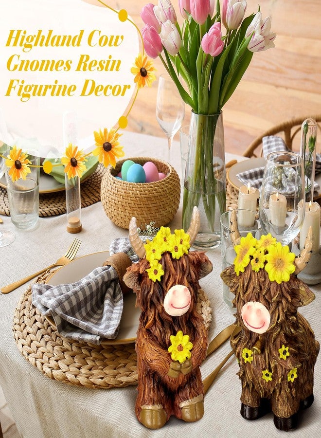 Burbell 2 Pack Highland Cow Brown Scottish Highland Cow Gnomes with Sunflower Resin Figurine Calf Gnome Herd Gnome Gifts for Farmhouse Table Home Garden Decorations - Image 2