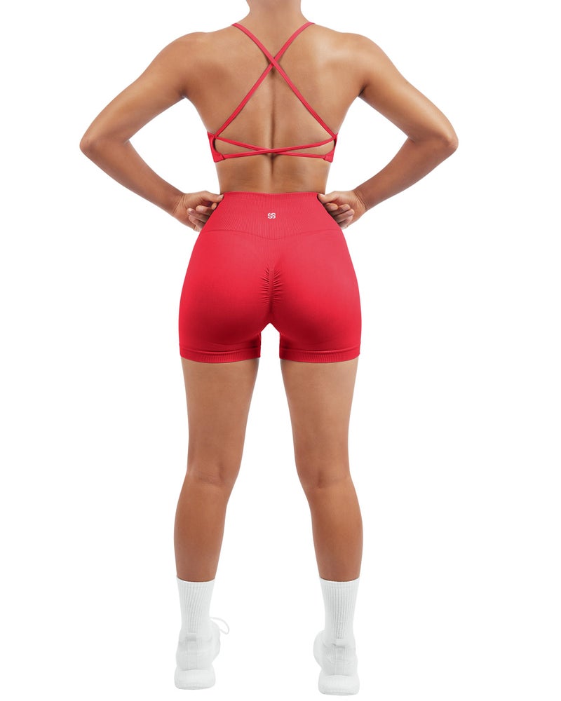 SUUKSESS Women Seamless 2 piece Workout Sets Strappy Padded Sports Bra Booty High Waisted Shorts Outfits (Red,M) - Image 2