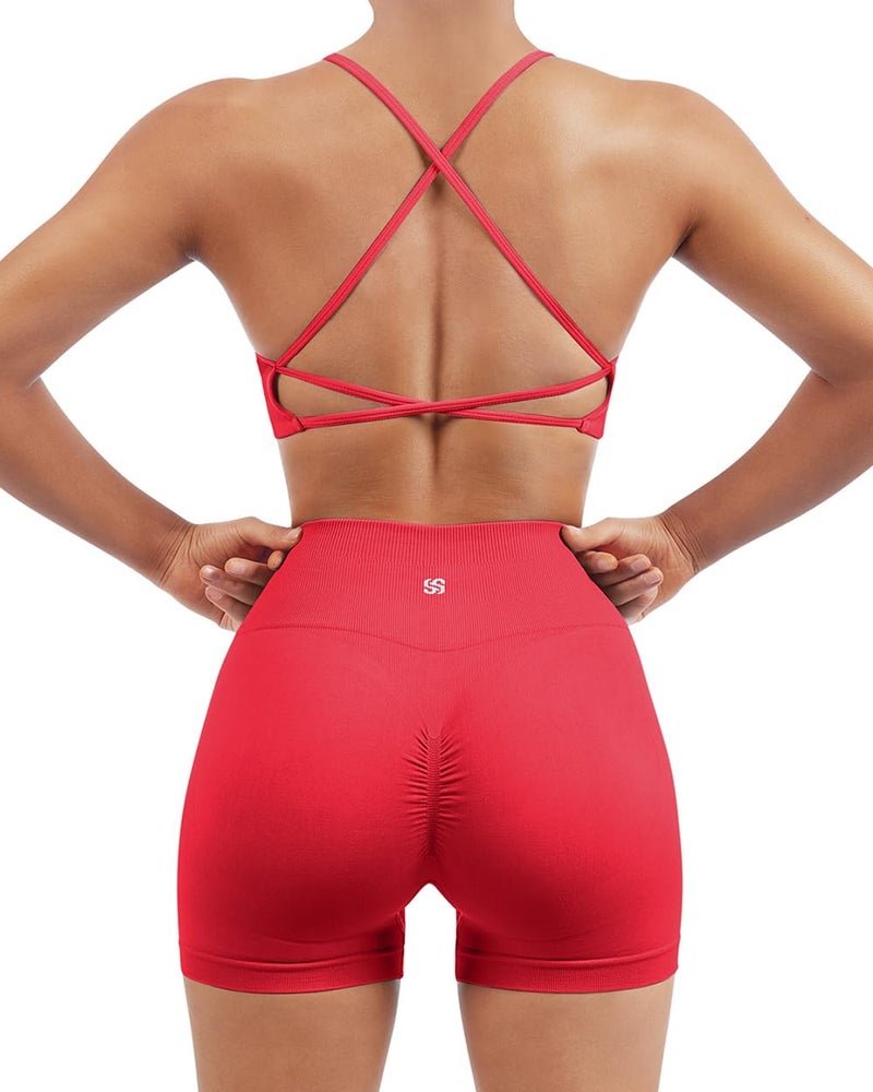 SUUKSESS Women Seamless 2 piece Workout Sets Strappy Padded Sports Bra Booty High Waisted Shorts Outfits (Red,M) - Image 1