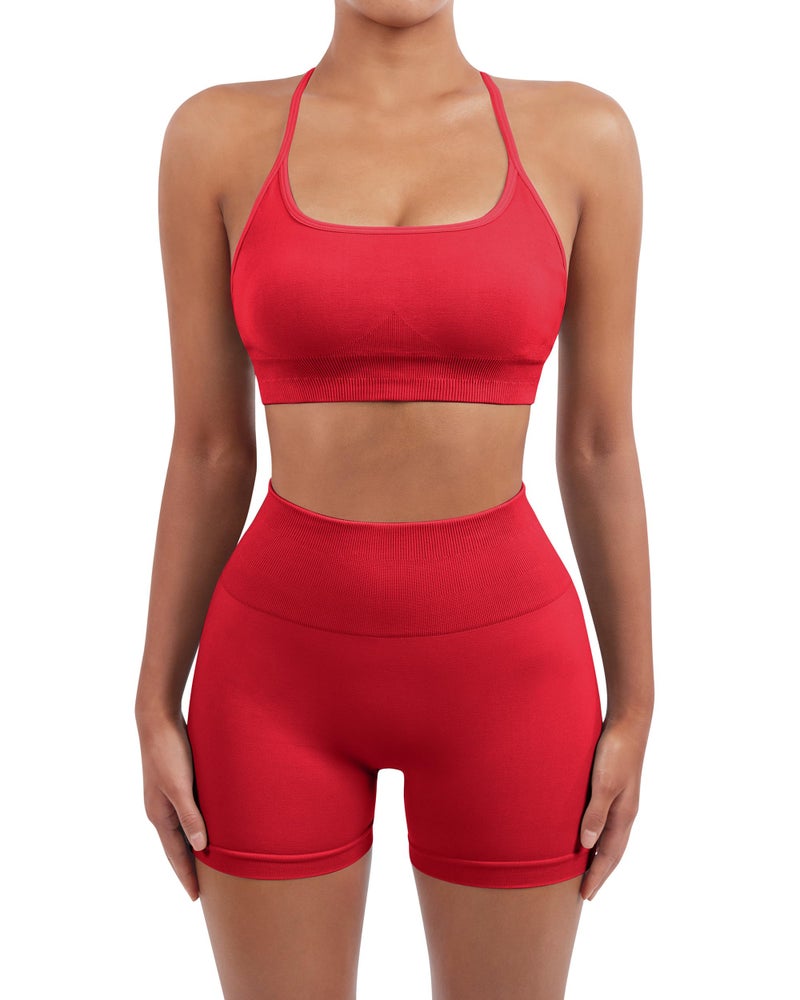 SUUKSESS Women Seamless 2 piece Workout Sets Strappy Padded Sports Bra Booty High Waisted Shorts Outfits (Red,M) - Image 3