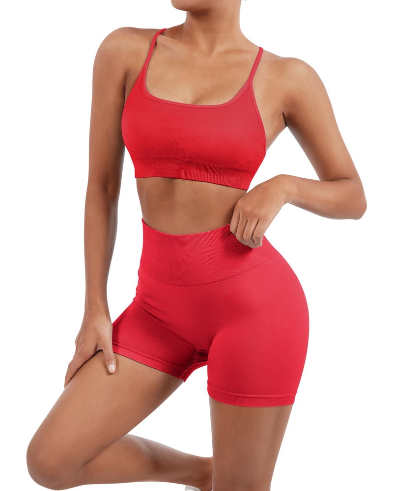 SUUKSESS Women Seamless 2 piece Workout Sets Strappy Padded Sports Bra Booty High Waisted Shorts Outfits (Red,M) - Image 4