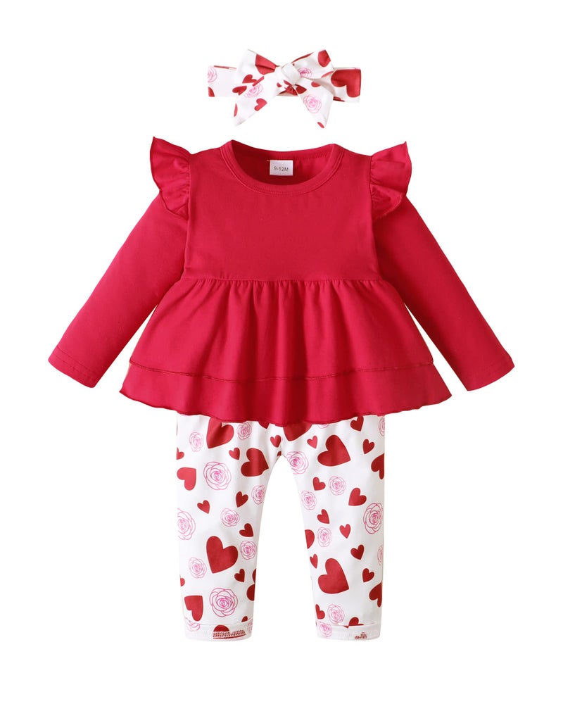 SODLON Toddler Little Girl Clothes 4T Valentines Day Outfit 3T Girls Clothing Long Sleeve Ruffle Shirt Love Heart Print Pants Cute Headband Winter Fall Clothing Sets Red - Image 1