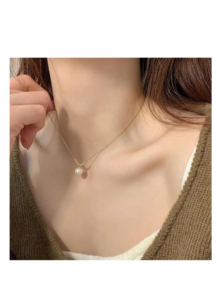 DUNISO Pearl Choker Necklace for Women,14k Gold Plated Titanium Steel Adjustable Boho Beach Layered Pearl Beaed Necklace Earrings Jewelry Set for Bride Bridesmaid Wedding Gifts  - Image 2