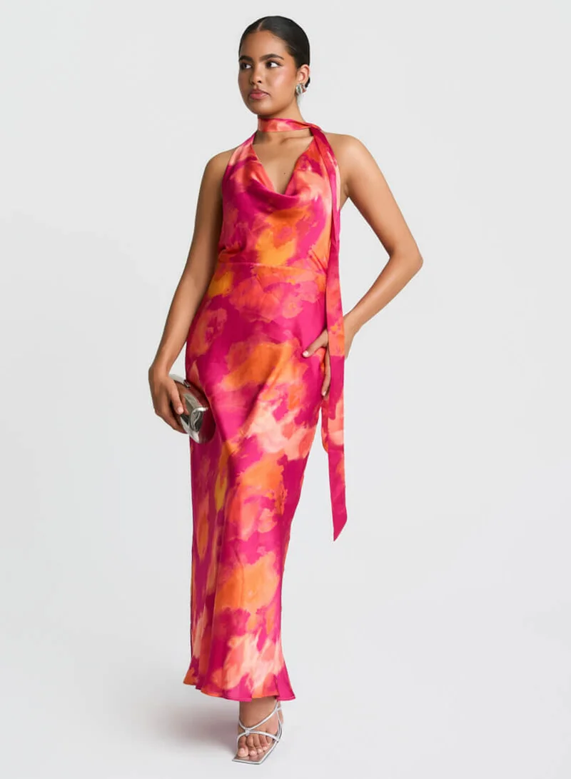 Pink Marble Scarf Neck Maxi Dress