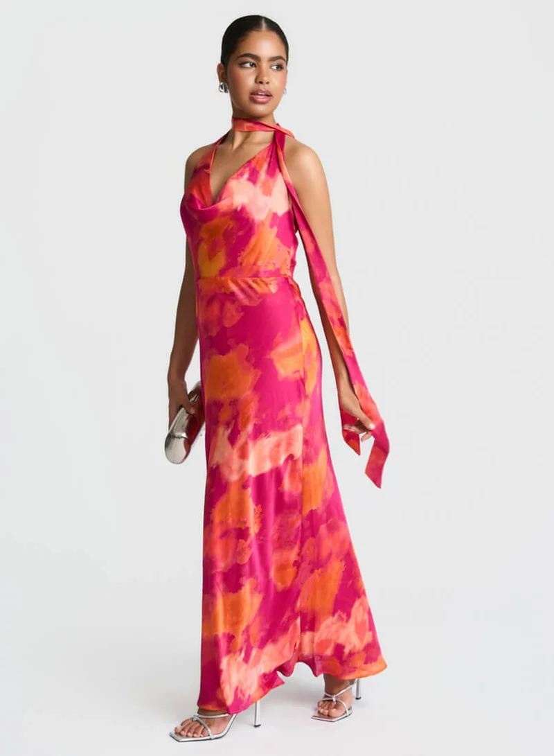 Needs No Label  Pink Marble Scarf Neck Maxi Dress for Women | Best Price UAE