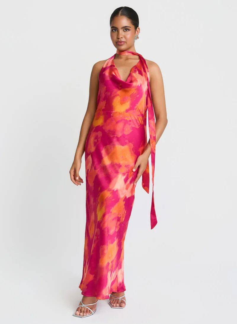 Needs No Label  Pink Marble Scarf Neck Maxi Dress for Women | Best Price UAE