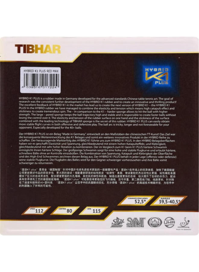 Tibhar Hybrid Blue K1 Plus Table Tennis Rubber Red Max - Image 1