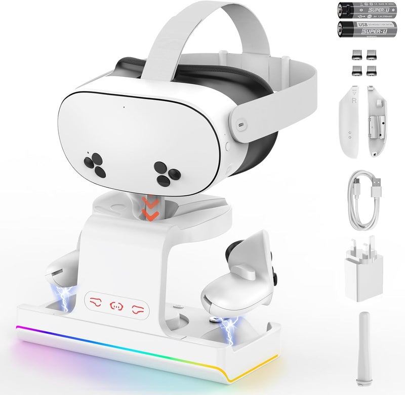 قاعدة شحن لـ Meta Quest 3S/Oculus Quest 3S، حامل شحن لسماعة الواقع الافتراضي ووحدات التحكم مع ضوء LED RGB [تشغيل/إيقاف]، ملحقات الواقع الافتراضي مع بطاريتين قابلتين لإعادة الشحن، محطة شحن سريع 2 في 1 - Image 1