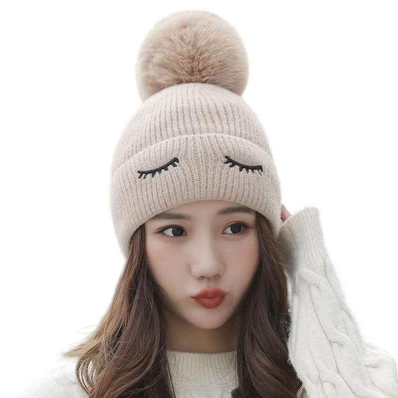 Richmen Women's Knitted Hat Winter Plush Velvet Warm Woolen Cap Soft Snow Proof Stylish Slouchy Beanie Pom Pom Cap for Outdoor Girls & Ladies - Image 1