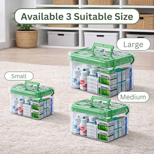 KREPS Clear Plastic Medicine Storage Box Organizer, Family Emergency Kit with Removable Pill Case Portable Lockable Container for Medicine, Art Craft and Cosmetic Household Organizer (Small, Green) - Image 3