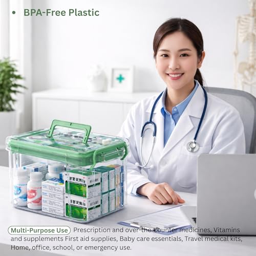 KREPS Clear Plastic Medicine Storage Box Organizer, Family Emergency Kit with Removable Pill Case Portable Lockable Container for Medicine, Art Craft and Cosmetic Household Organizer (Small, Green) - Image 5